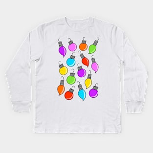 Colorful Rainbow Colored Christmas Ornaments Cartoon Pattern on a White Backdrop, made by EndlessEmporium Kids Long Sleeve T-Shirt